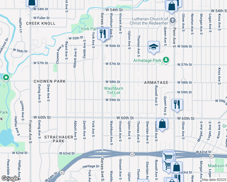 map of restaurants, bars, coffee shops, grocery stores, and more near 5825 Washburn Avenue South in Minneapolis