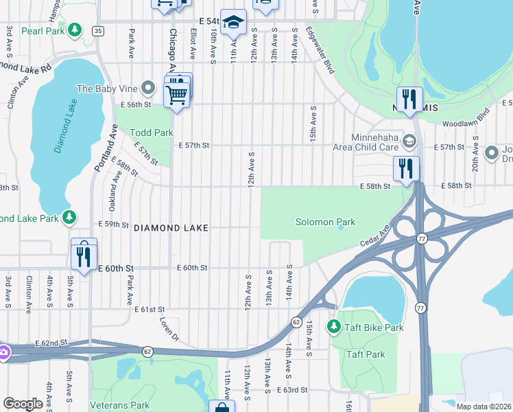 map of restaurants, bars, coffee shops, grocery stores, and more near 5836 12th Avenue South in Minneapolis