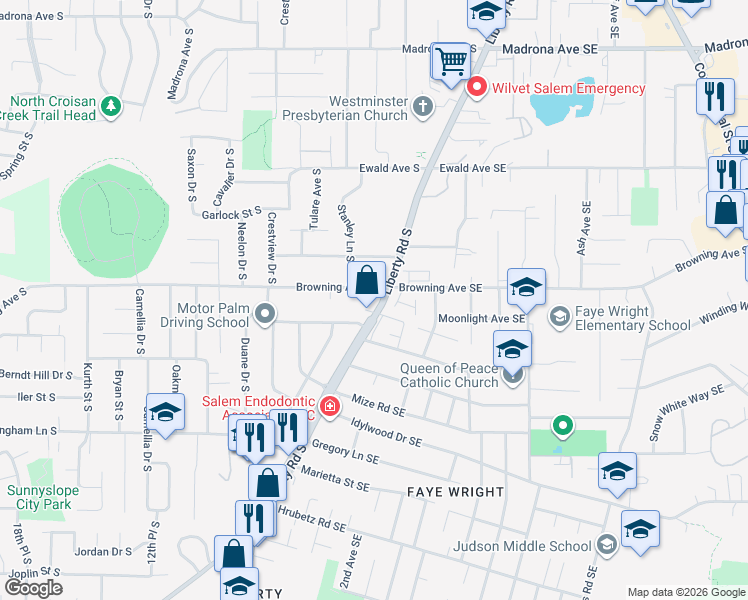 map of restaurants, bars, coffee shops, grocery stores, and more near 661-691 Lockwood Lane South in Salem