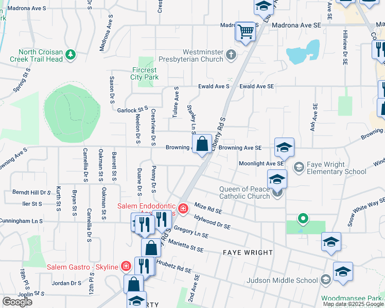 map of restaurants, bars, coffee shops, grocery stores, and more near 731 Lockwood Lane South in Salem