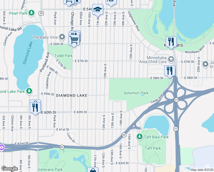 map of restaurants, bars, coffee shops, grocery stores, and more near 5836 12th Avenue South in Minneapolis