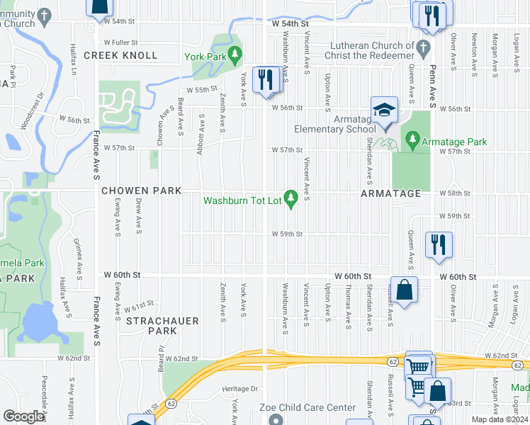 map of restaurants, bars, coffee shops, grocery stores, and more near 5837 York Avenue South in Edina