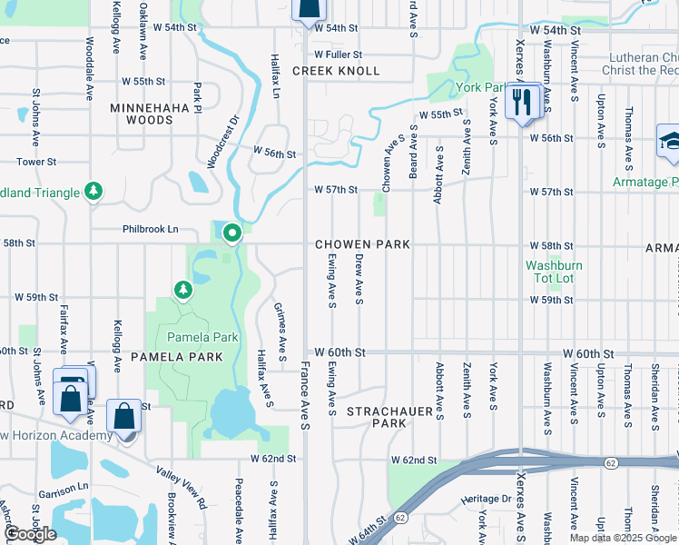 map of restaurants, bars, coffee shops, grocery stores, and more near 5832 Drew Avenue South in Edina