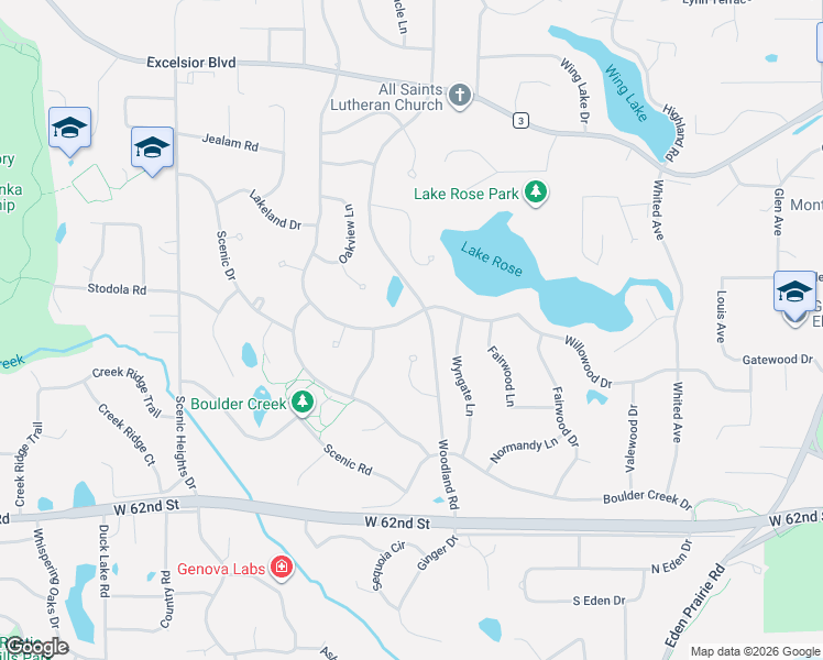 map of restaurants, bars, coffee shops, grocery stores, and more near 5900 Woodland Circle in Minnetonka