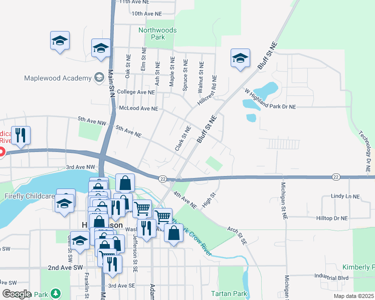 map of restaurants, bars, coffee shops, grocery stores, and more near 205 5th Avenue Northeast in Hutchinson