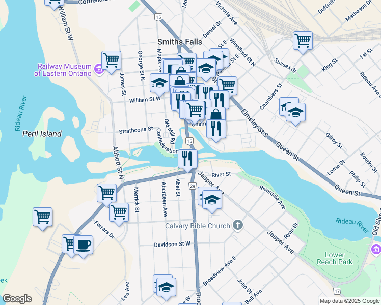 map of restaurants, bars, coffee shops, grocery stores, and more near 34 Beckwith Street South in Smiths Falls