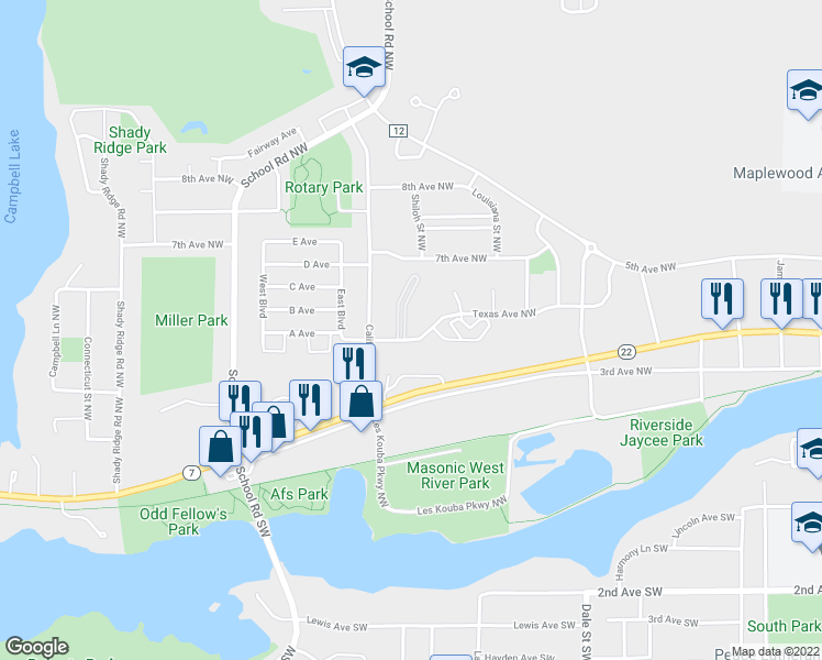 map of restaurants, bars, coffee shops, grocery stores, and more near 1025 Texas Avenue Northwest in Hutchinson