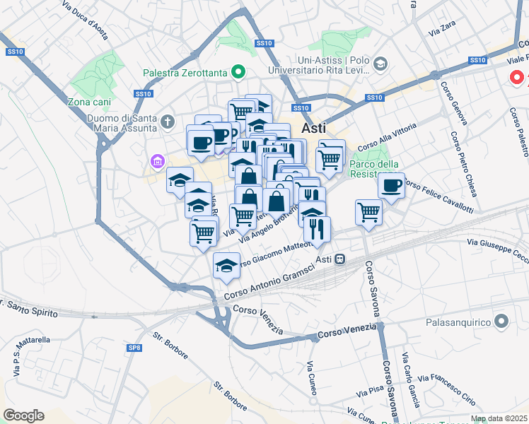 map of restaurants, bars, coffee shops, grocery stores, and more near 44-70 Via Angelo Brofferio in Asti