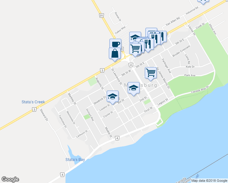 map of restaurants, bars, coffee shops, grocery stores, and more near 60 High Street in Morrisburg