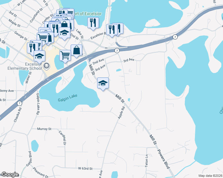 map of restaurants, bars, coffee shops, grocery stores, and more near 5940 Mill Street in Shorewood