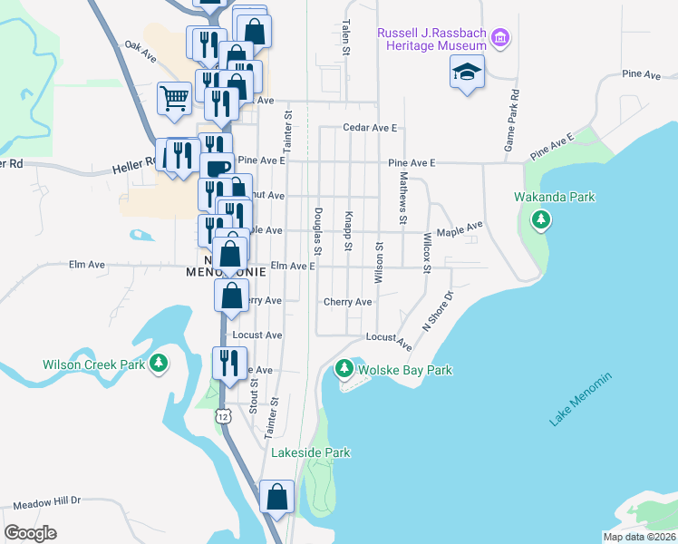 map of restaurants, bars, coffee shops, grocery stores, and more near 1214 Knapp Street in Menomonie