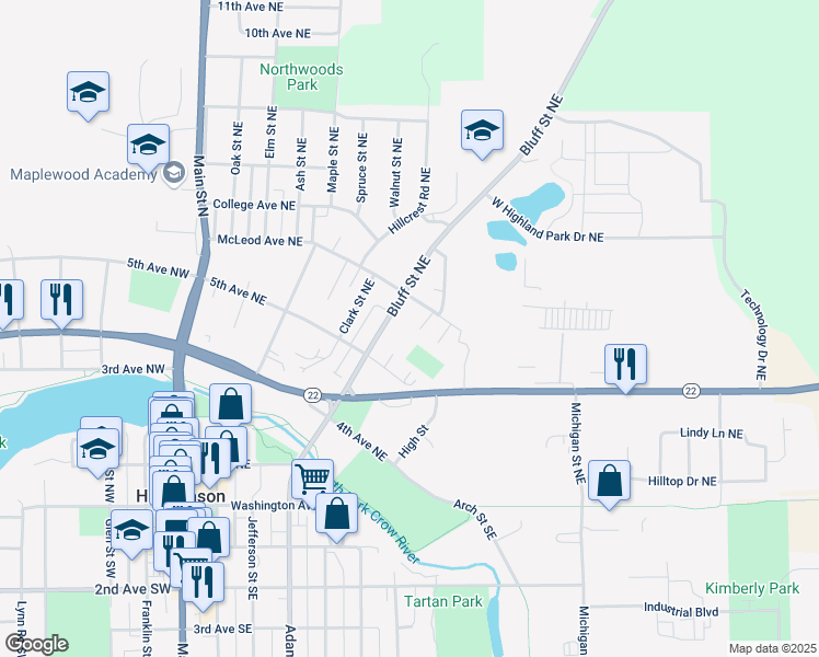 map of restaurants, bars, coffee shops, grocery stores, and more near 237 5th Avenue Northeast in Hutchinson