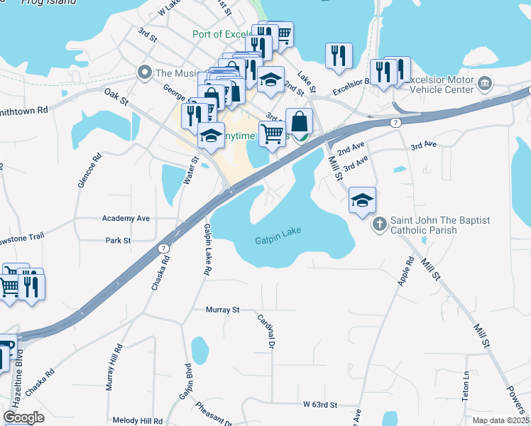 map of restaurants, bars, coffee shops, grocery stores, and more near 500 Linden Street in Excelsior