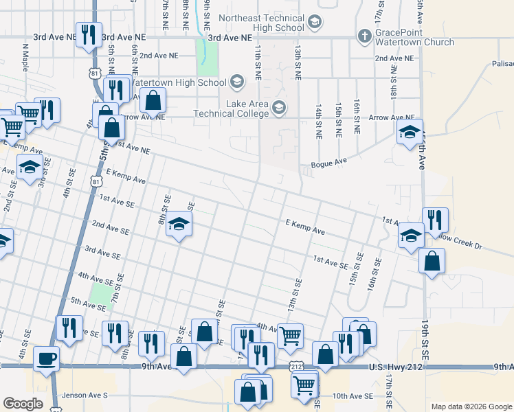 map of restaurants, bars, coffee shops, grocery stores, and more near 1110 East Kemp Avenue in Watertown