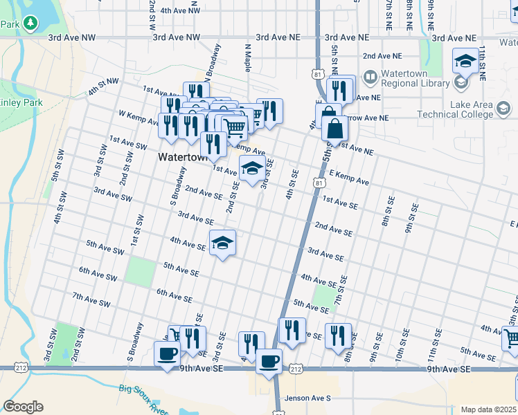 map of restaurants, bars, coffee shops, grocery stores, and more near 304 2nd Avenue Southeast in Watertown