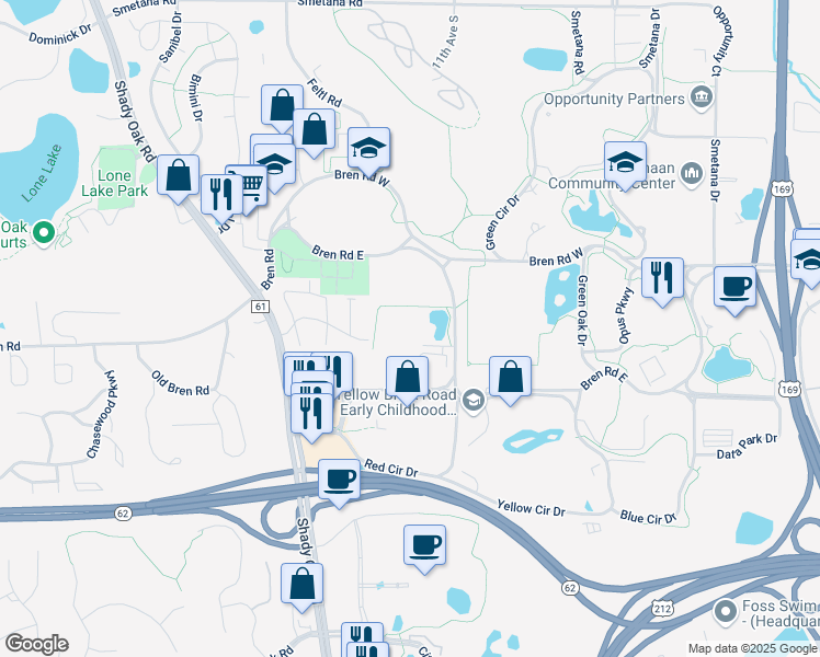 map of restaurants, bars, coffee shops, grocery stores, and more near 10901 Bren Road East in Hopkins