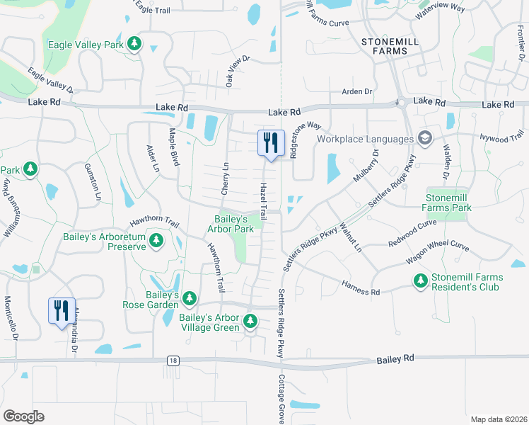 map of restaurants, bars, coffee shops, grocery stores, and more near 3447 Hazel Trail in Woodbury