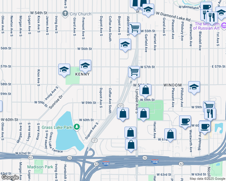 map of restaurants, bars, coffee shops, grocery stores, and more near 5760 Colfax Avenue South in Minneapolis