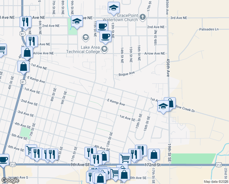 map of restaurants, bars, coffee shops, grocery stores, and more near 1201-1299 1st Avenue Northeast in Watertown