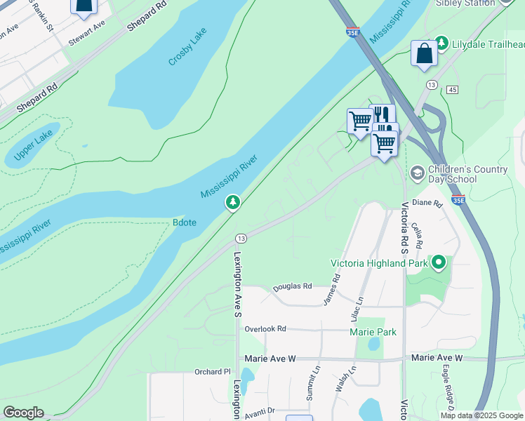 map of restaurants, bars, coffee shops, grocery stores, and more near 1077 Sibley Memorial Highway in Saint Paul