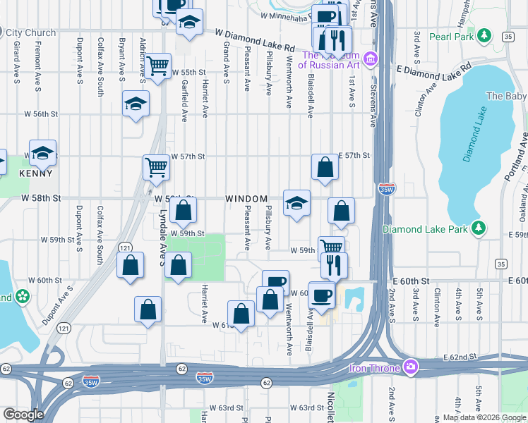 map of restaurants, bars, coffee shops, grocery stores, and more near 5756 Pillsbury Avenue in Minneapolis