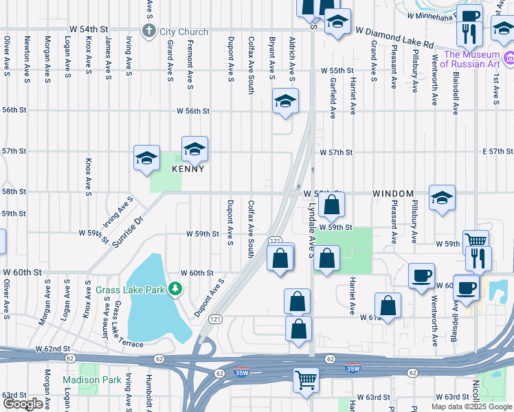 map of restaurants, bars, coffee shops, grocery stores, and more near 5760 Colfax Avenue South in Minneapolis