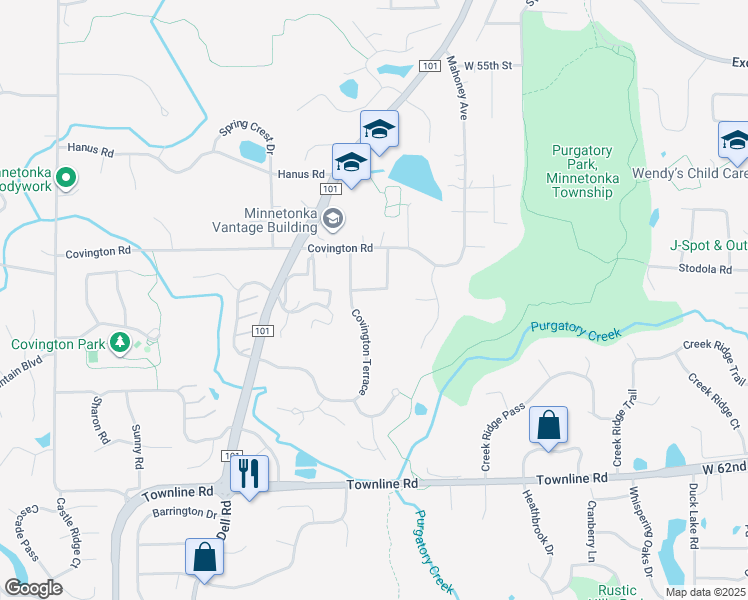 map of restaurants, bars, coffee shops, grocery stores, and more near 5831 Covington Terrace in Minnetonka