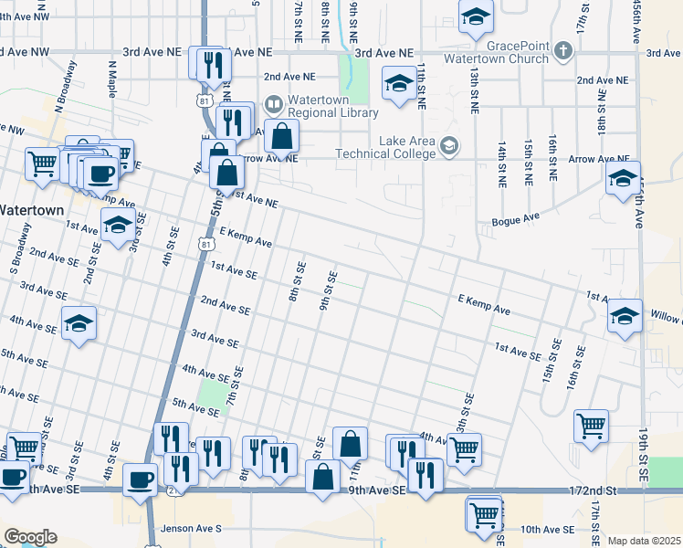 map of restaurants, bars, coffee shops, grocery stores, and more near 805-901 East Kemp Avenue in Watertown