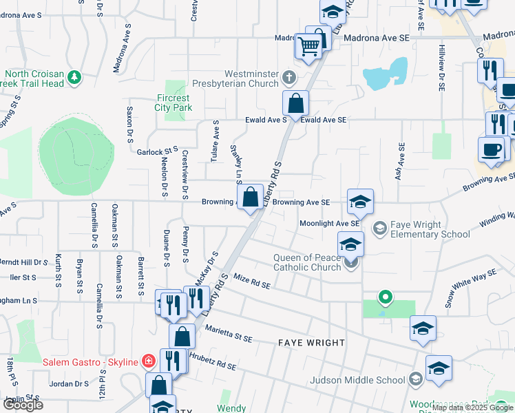 map of restaurants, bars, coffee shops, grocery stores, and more near 620 Browning Avenue South in Salem