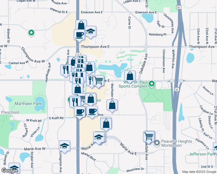map of restaurants, bars, coffee shops, grocery stores, and more near 1631 Marthaler Lane in West Saint Paul