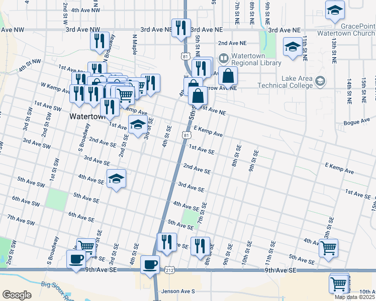 map of restaurants, bars, coffee shops, grocery stores, and more near 506 1st Avenue Southeast in Watertown