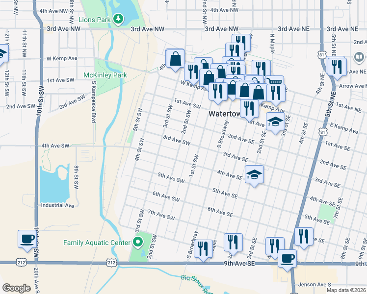 map of restaurants, bars, coffee shops, grocery stores, and more near 200-298 2nd St SW in Watertown