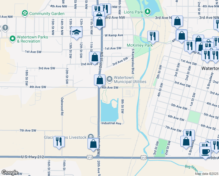 map of restaurants, bars, coffee shops, grocery stores, and more near Watertown Bike Trail in Watertown