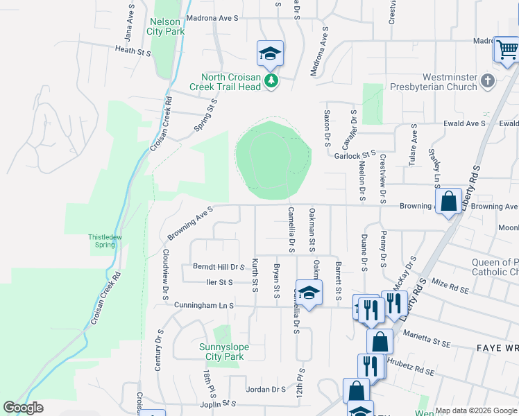 map of restaurants, bars, coffee shops, grocery stores, and more near 1540 Browning Avenue South in Salem