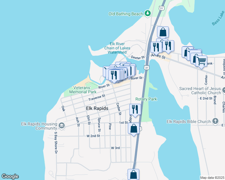 map of restaurants, bars, coffee shops, grocery stores, and more near 204 River Street in Elk Rapids