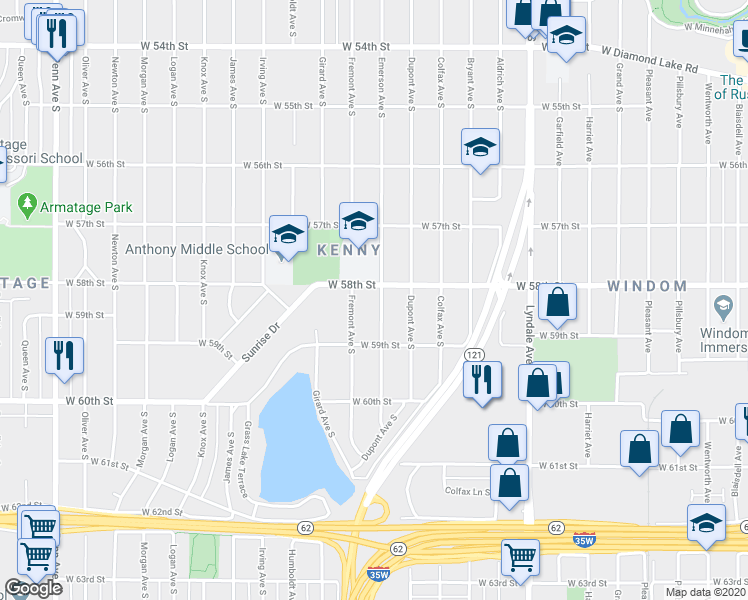 map of restaurants, bars, coffee shops, grocery stores, and more near 5801 Fremont Avenue South in Minneapolis