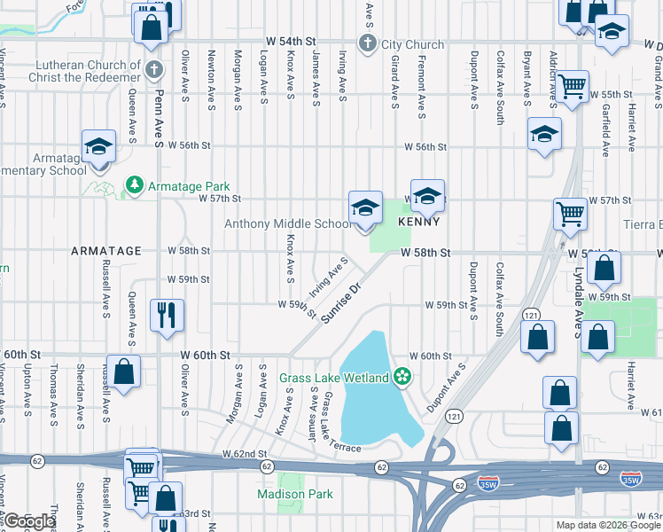 map of restaurants, bars, coffee shops, grocery stores, and more near 1600 West 58th Street in Minneapolis