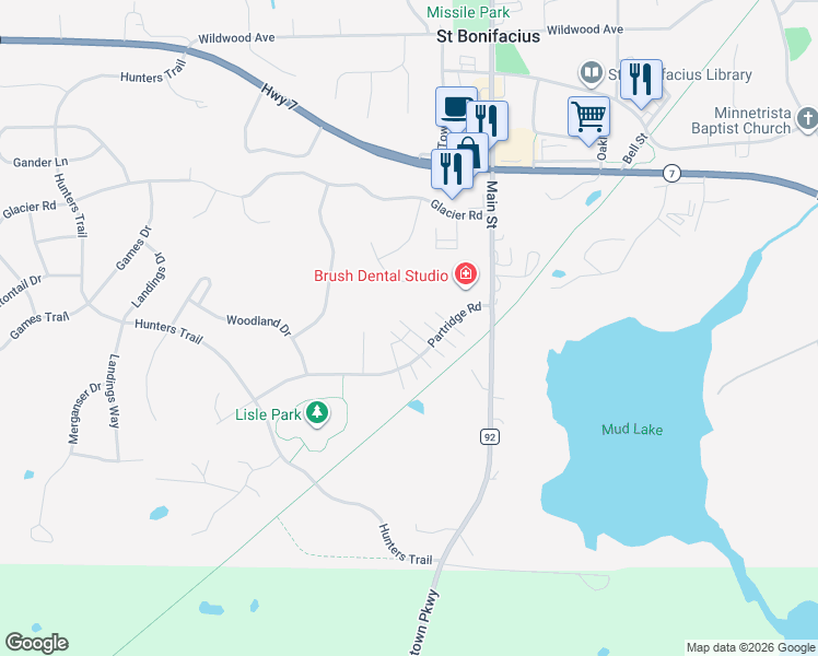map of restaurants, bars, coffee shops, grocery stores, and more near 8882 Partridge Road in Saint Bonifacius