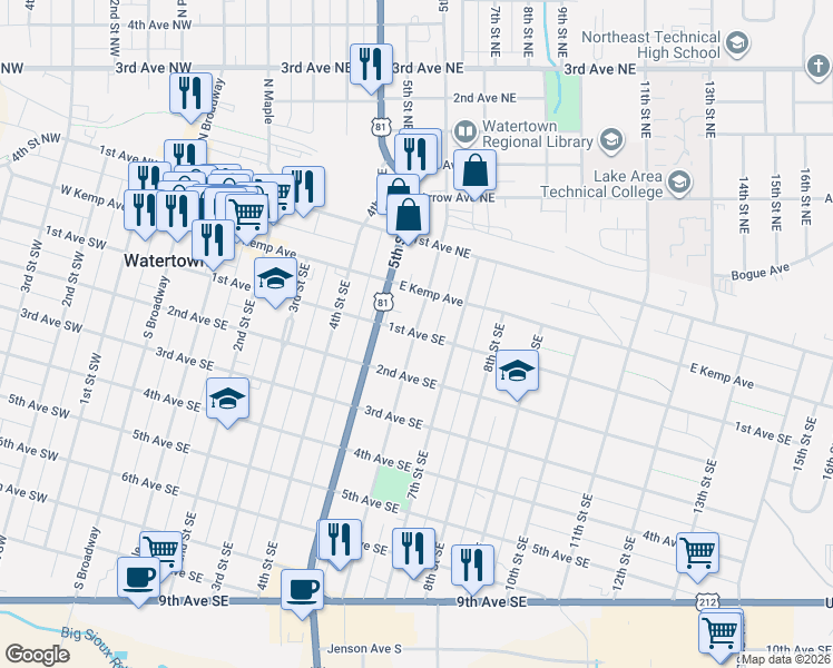 map of restaurants, bars, coffee shops, grocery stores, and more near 99 6th St SE in Watertown