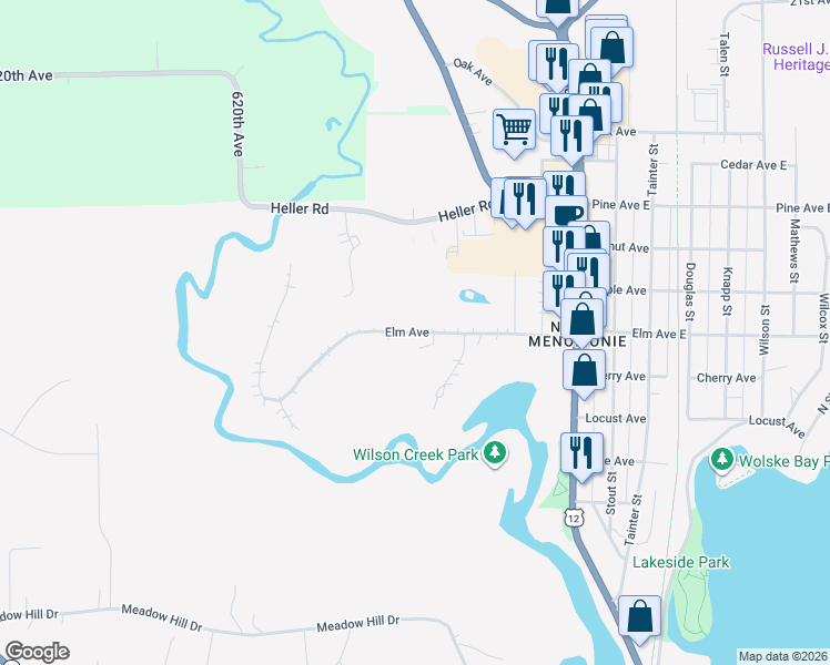 map of restaurants, bars, coffee shops, grocery stores, and more near Elm Avenue in Menomonie