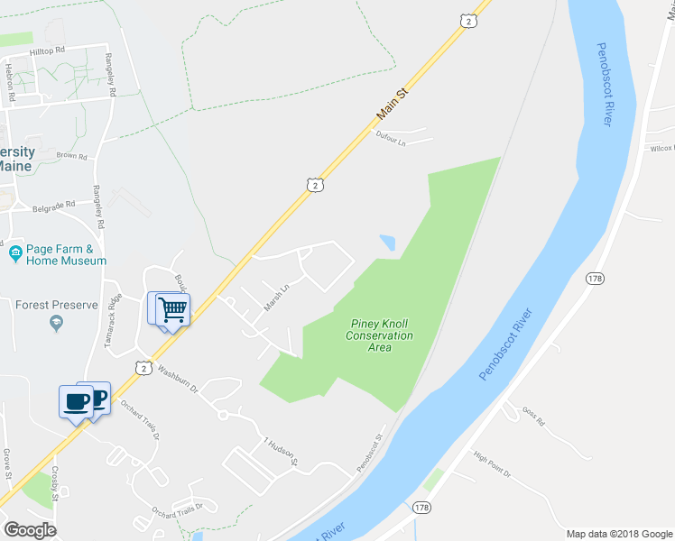 map of restaurants, bars, coffee shops, grocery stores, and more near 10 Black Bear Lane in Orono