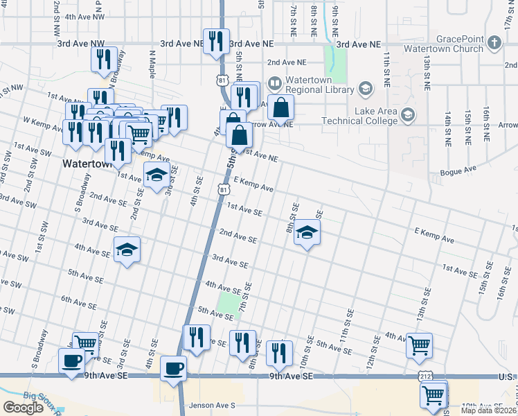 map of restaurants, bars, coffee shops, grocery stores, and more near 1-99 7th St SE in Watertown