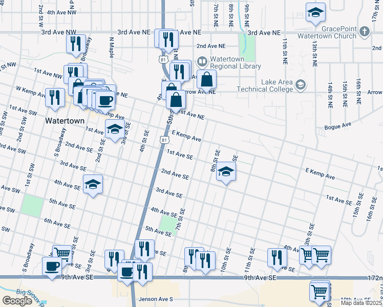 map of restaurants, bars, coffee shops, grocery stores, and more near 1-99 7th St SE in Watertown