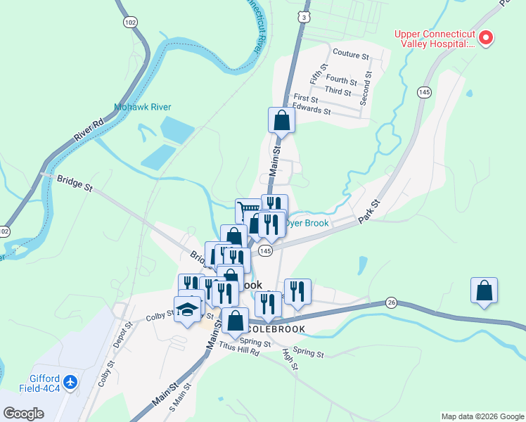 map of restaurants, bars, coffee shops, grocery stores, and more near 177 Main Street in Colebrook