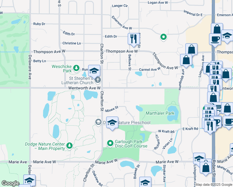 map of restaurants, bars, coffee shops, grocery stores, and more near 217 County Road 8 in West Saint Paul