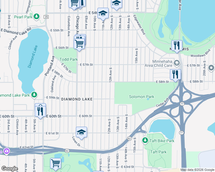 map of restaurants, bars, coffee shops, grocery stores, and more near in Minneapolis