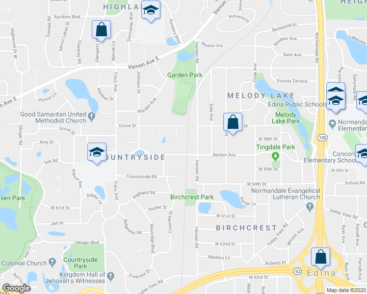 map of restaurants, bars, coffee shops, grocery stores, and more near 5812 Hansen Road in Minneapolis