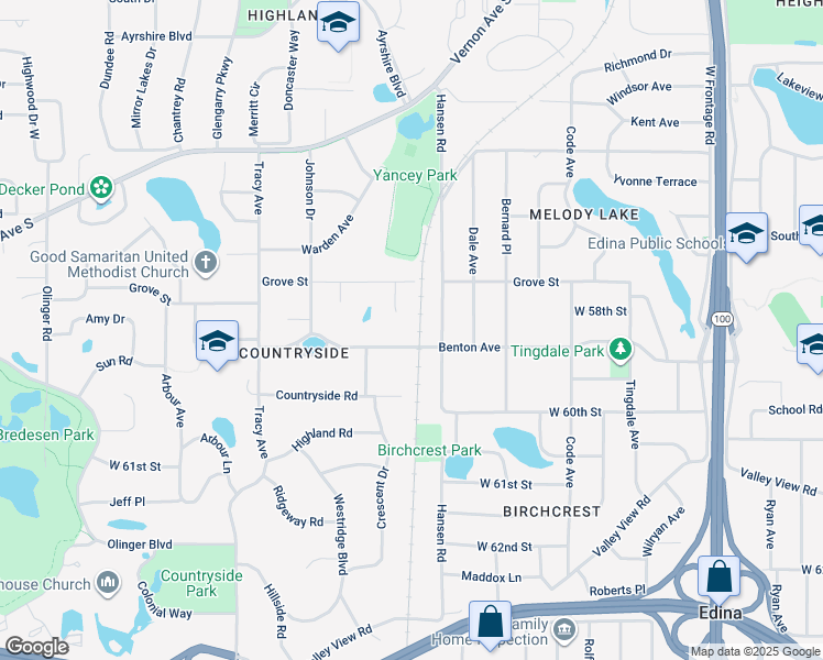 map of restaurants, bars, coffee shops, grocery stores, and more near 5808 Hansen Road in Minneapolis