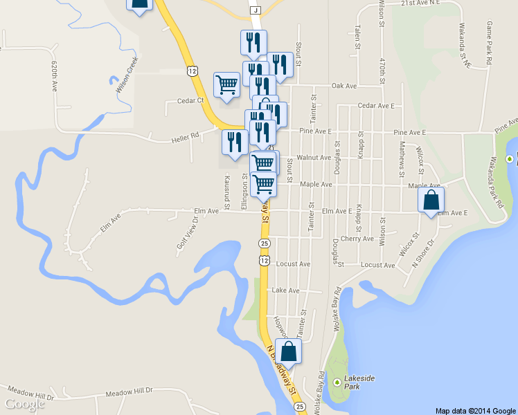 map of restaurants, bars, coffee shops, grocery stores, and more near 1301 North Broadway Street in Menomonie
