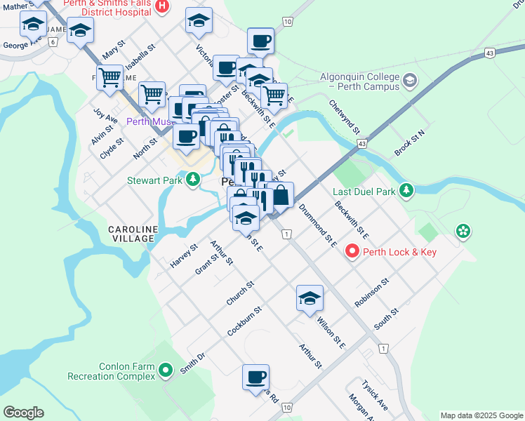map of restaurants, bars, coffee shops, grocery stores, and more near 128 Lanark 10 in Perth